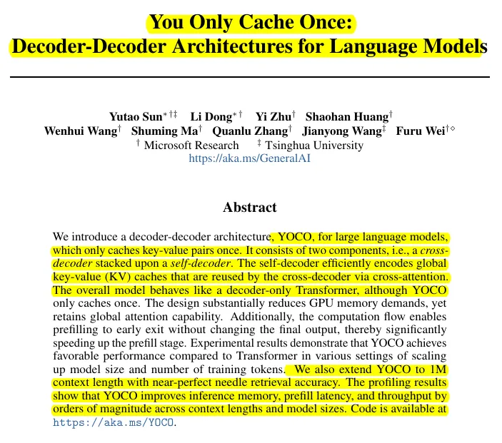 微软推出新架构YOCO：You Only Cache Once，主打多快好省